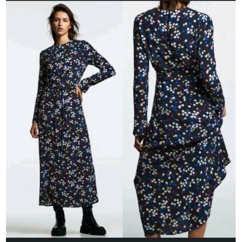 ZARA LONG PRINT DRESS 5216/263 XS Maxi Geometric Black Flowy Zip Up Button 160